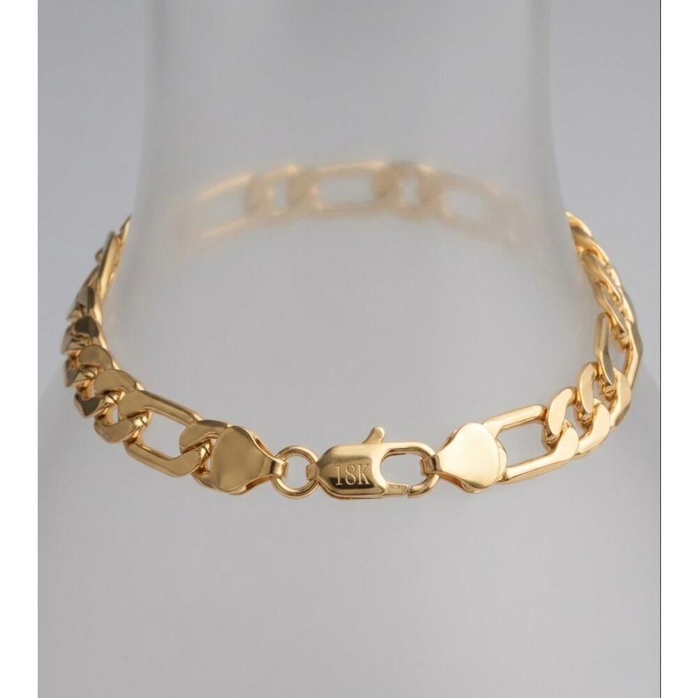 18K Gold Plated 8mm Figaro Link Bracelet 20cm Premium Unisex Stamped